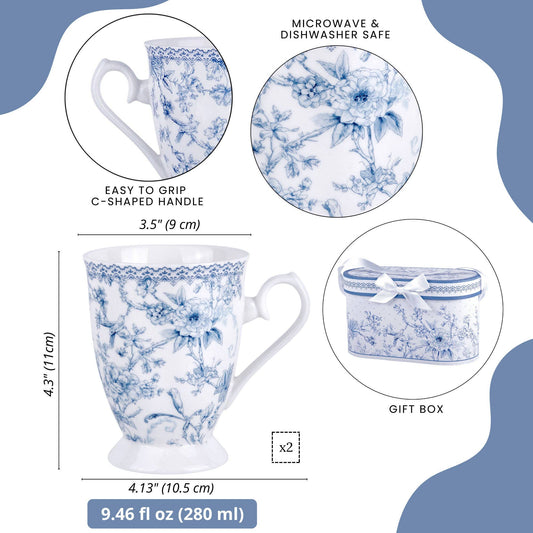 Blue Flowers China Tea/Coffee Mug in Gift Box Set of 2 - Perrymans Books & Gifts
