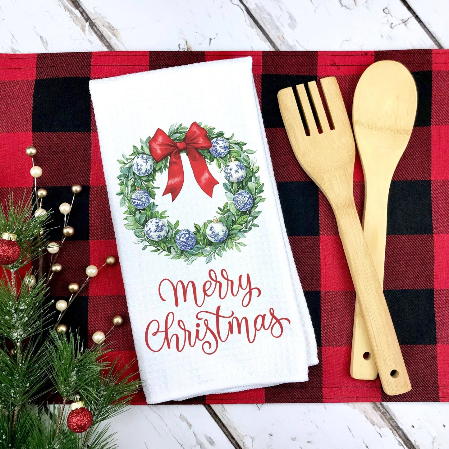 Chinoiserie Blue Christmas Wreath Kitchen Towel - Perrymans Books & Gifts