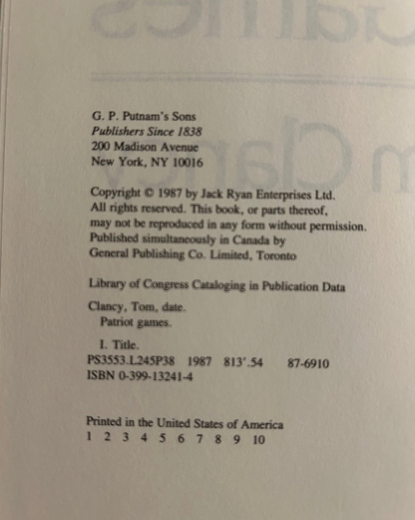 Tom Clancy - Patriot Games - First Edition - Perrymans Books & Gifts