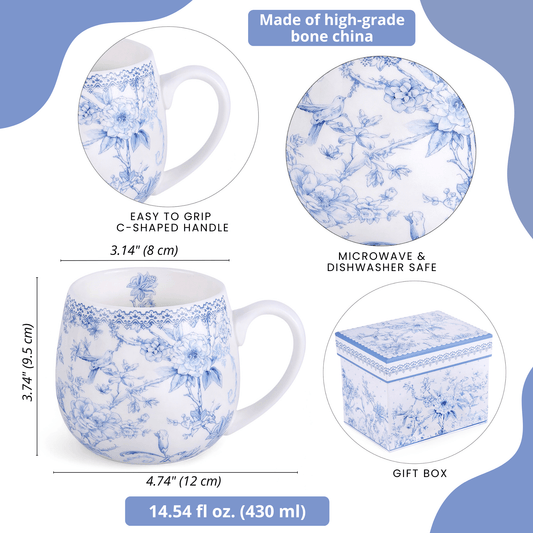 Blue Floral Porcelain Big Belly Mug in Gift Box - Perrymans Books & Gifts