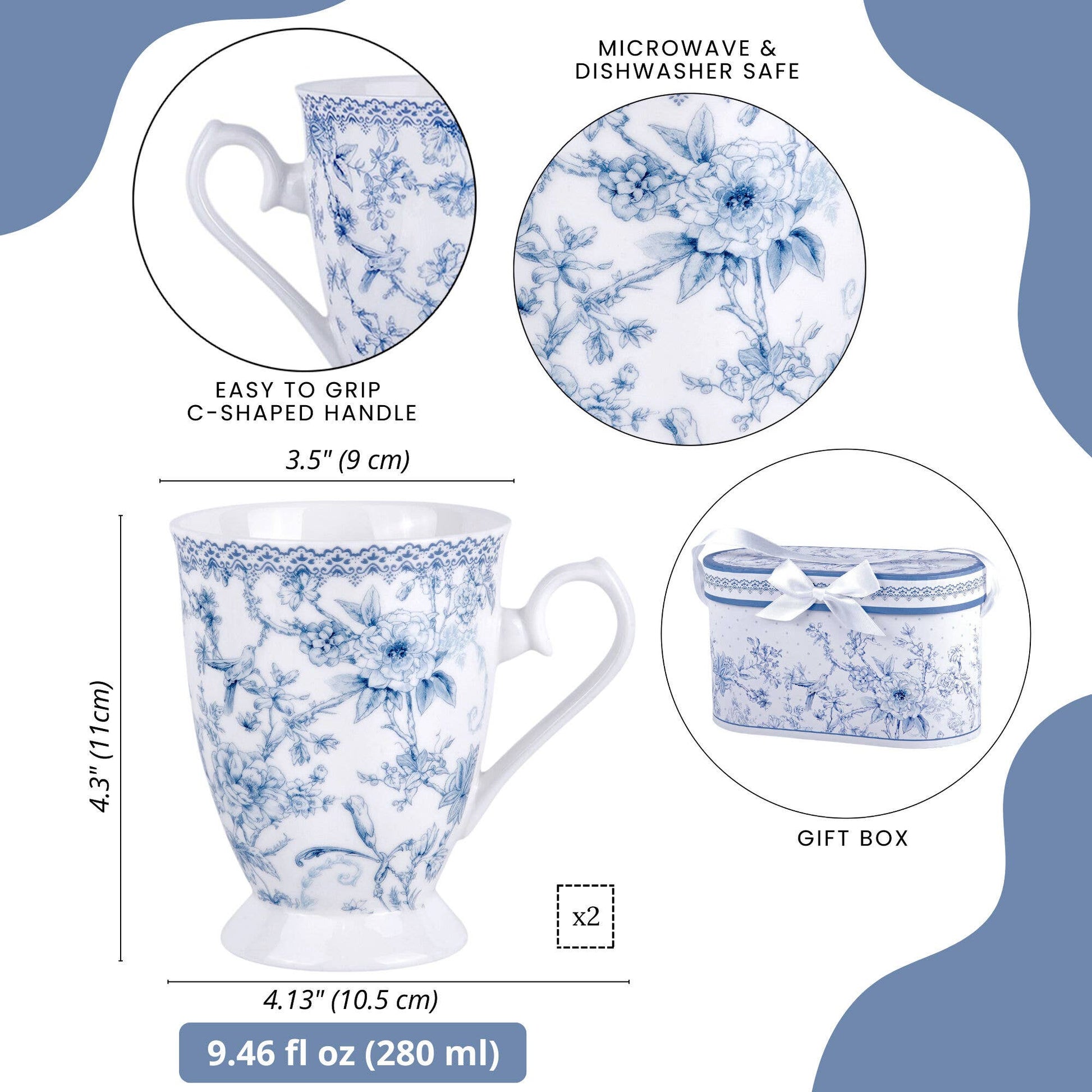 Blue Flowers China Tea/Coffee Mug in Gift Box Set of 2 - Perrymans Books & Gifts