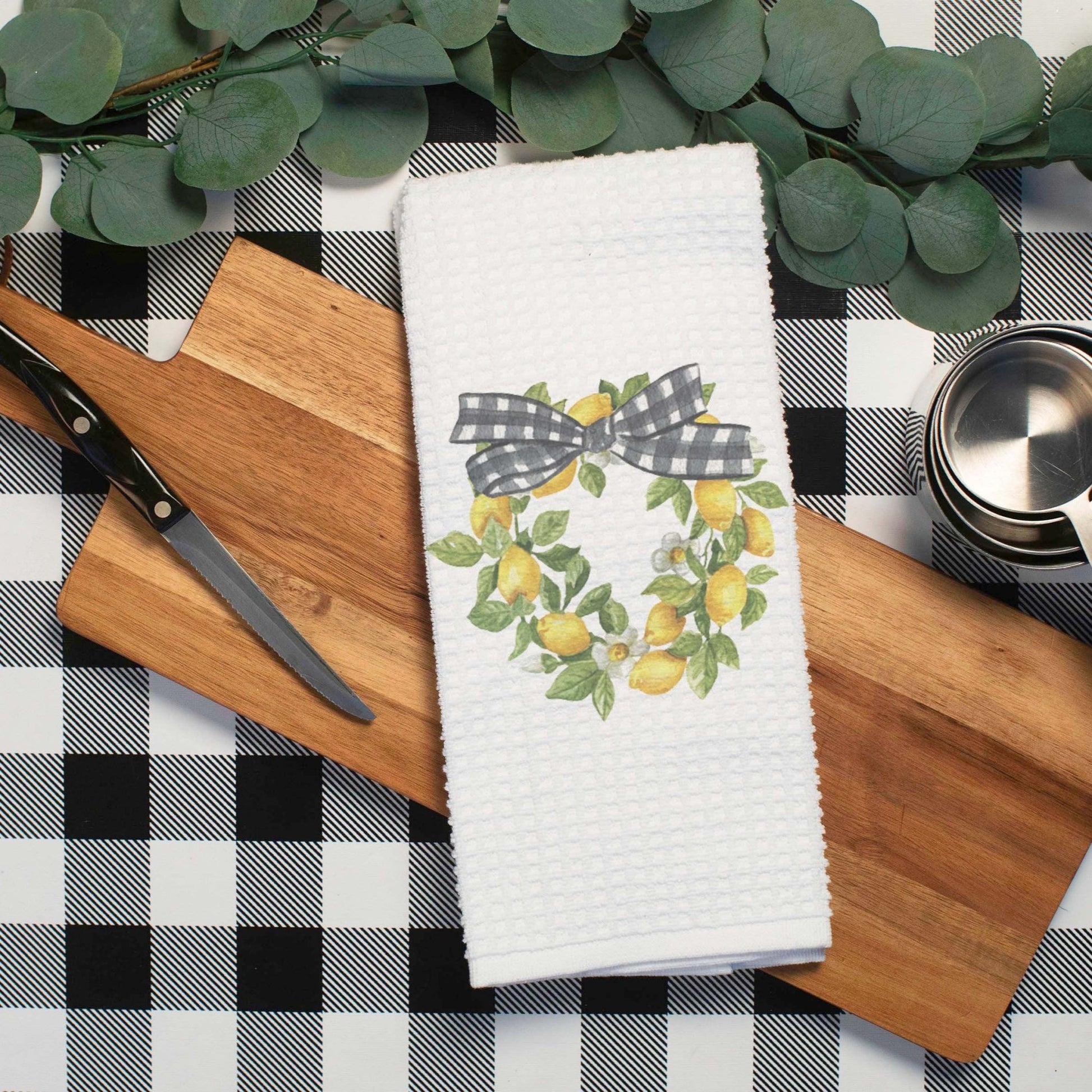 Lemons with Gingham Wreath Kitchen Towel - Perrymans Books & Gifts