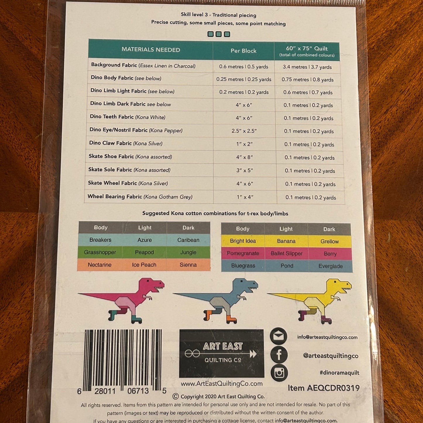 Quilt Pattern - Dinorama - T - Rex on Roller Skates by Art East Quilting Co - Perrymans Books & Gifts
